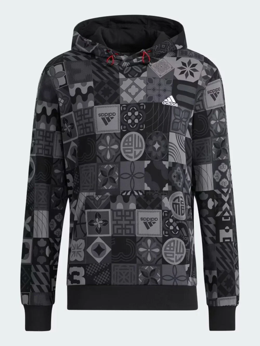 Adidas Chinese New Year All Over Print Hoodie Black and Grey Streetwear Medium